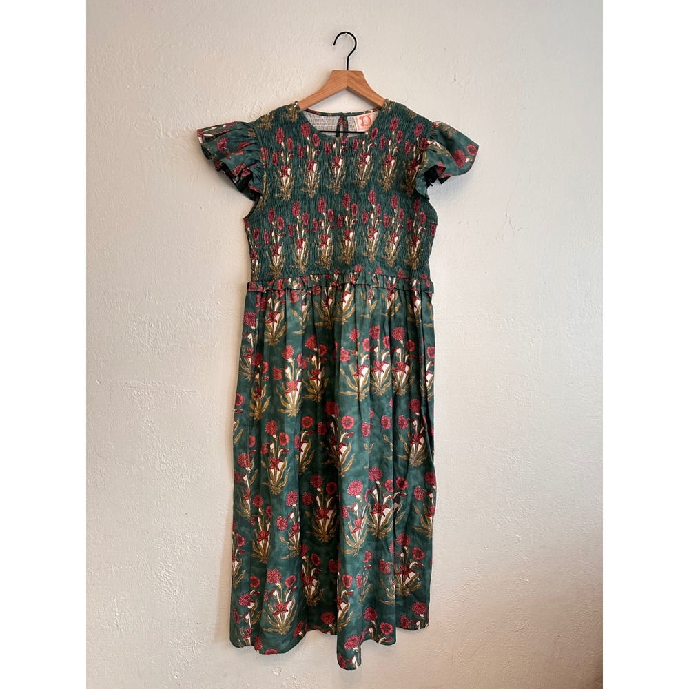 Victoria Dunn Green Floral Block Print Smocked Midi Dress Ruffle Sleeve Large